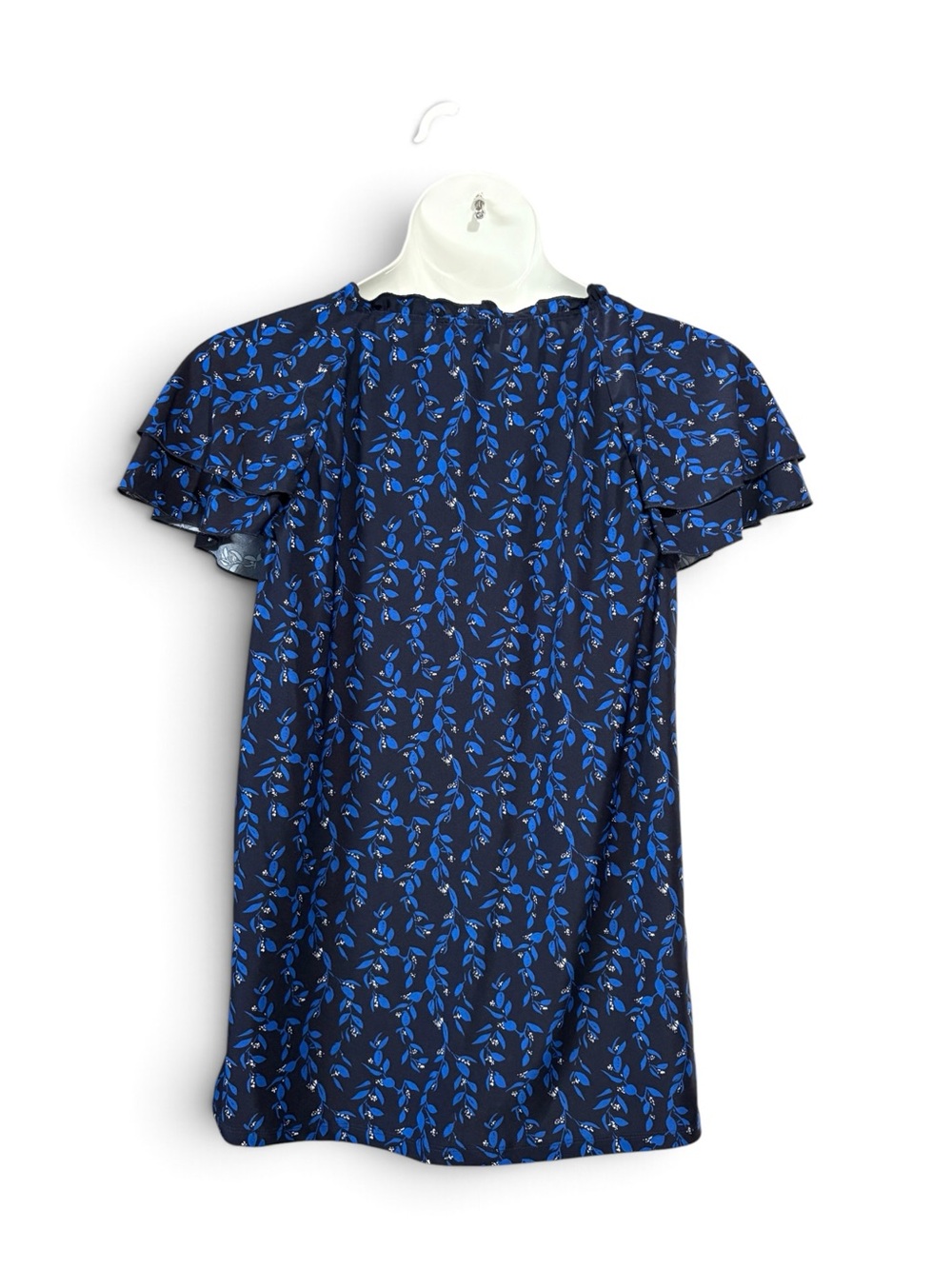 Lily Morgan, Navy Blue Leaf Print Ruffle Sleeve Stretch Blouse Tie Neck, Large - Picture 7 of 9